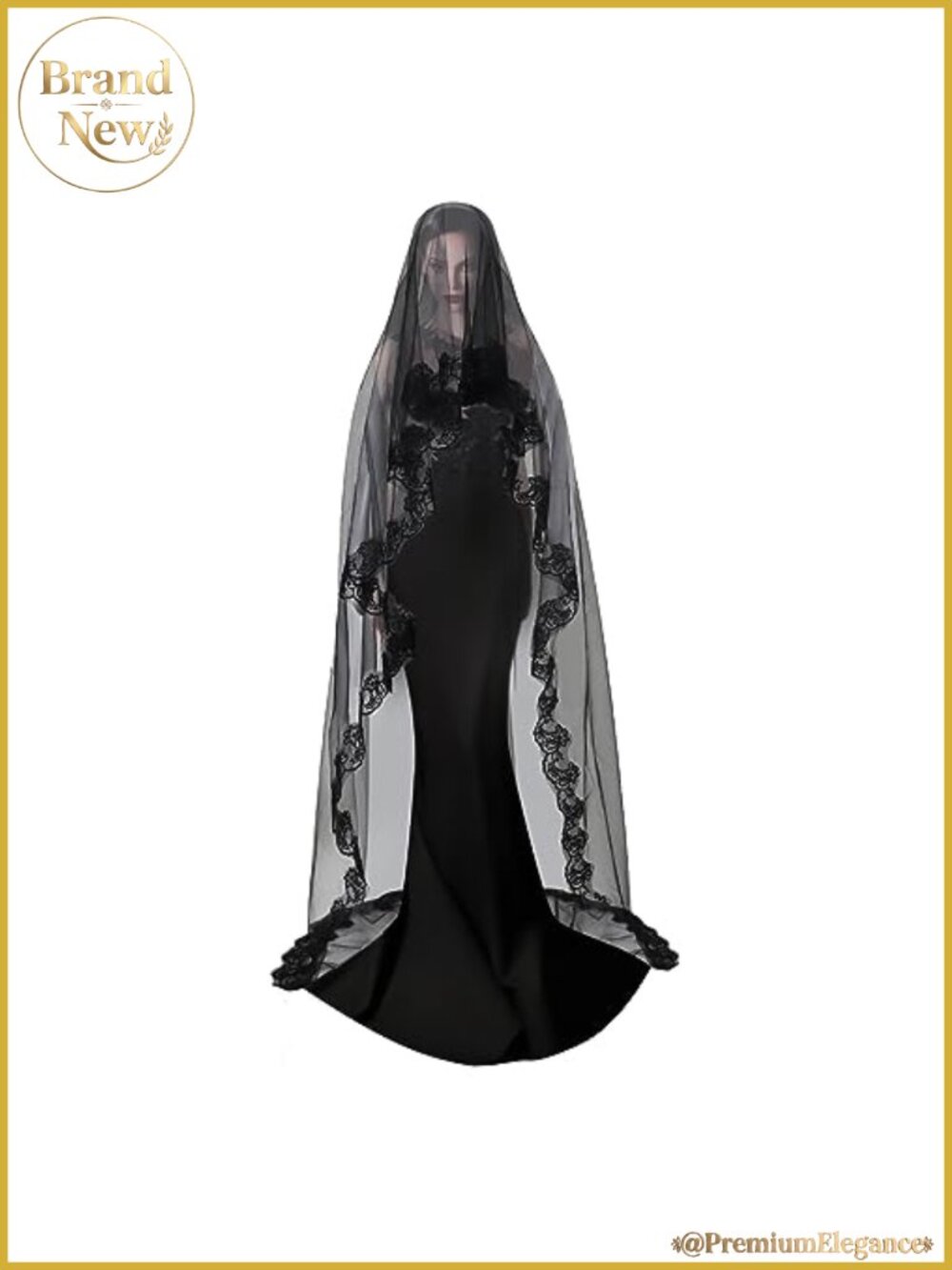 Black Lace Wedding Veil Gothic Headdress Cathedral Length Bridal Tulle